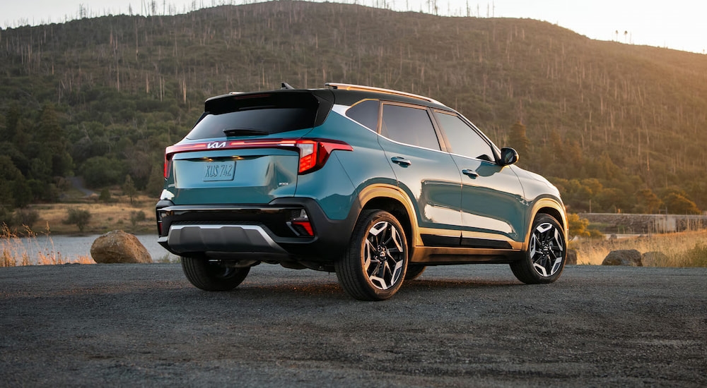 Rear of a blue 2026 Kia Seltos parked off-road.