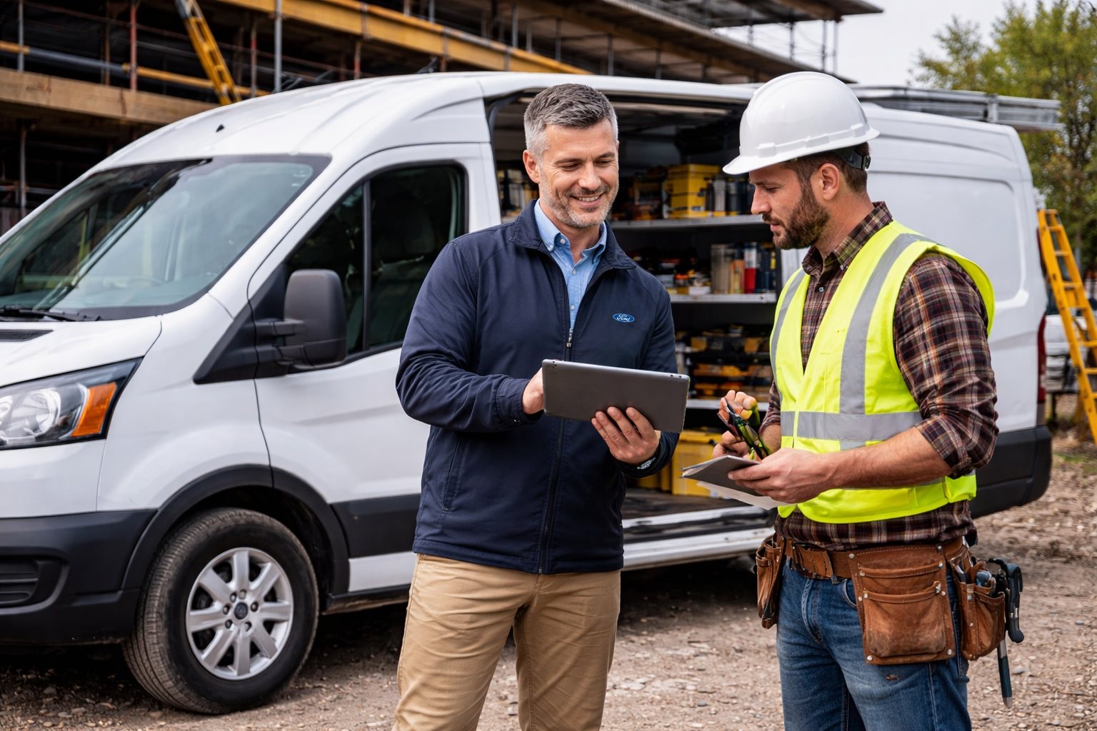 Commercial vehicle consultation between business owner and fleet specialist