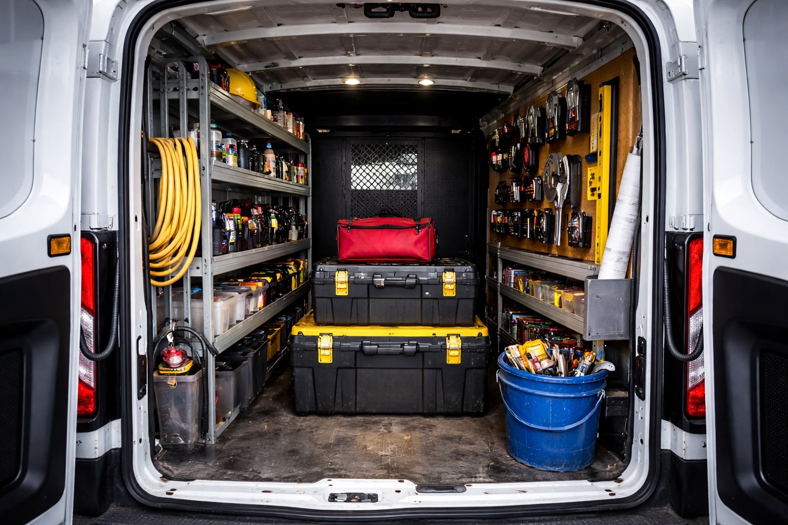 Ford Transit Cargo Van equipped with commercial shelving and tools, highlighting storage solutions for growing businesses.