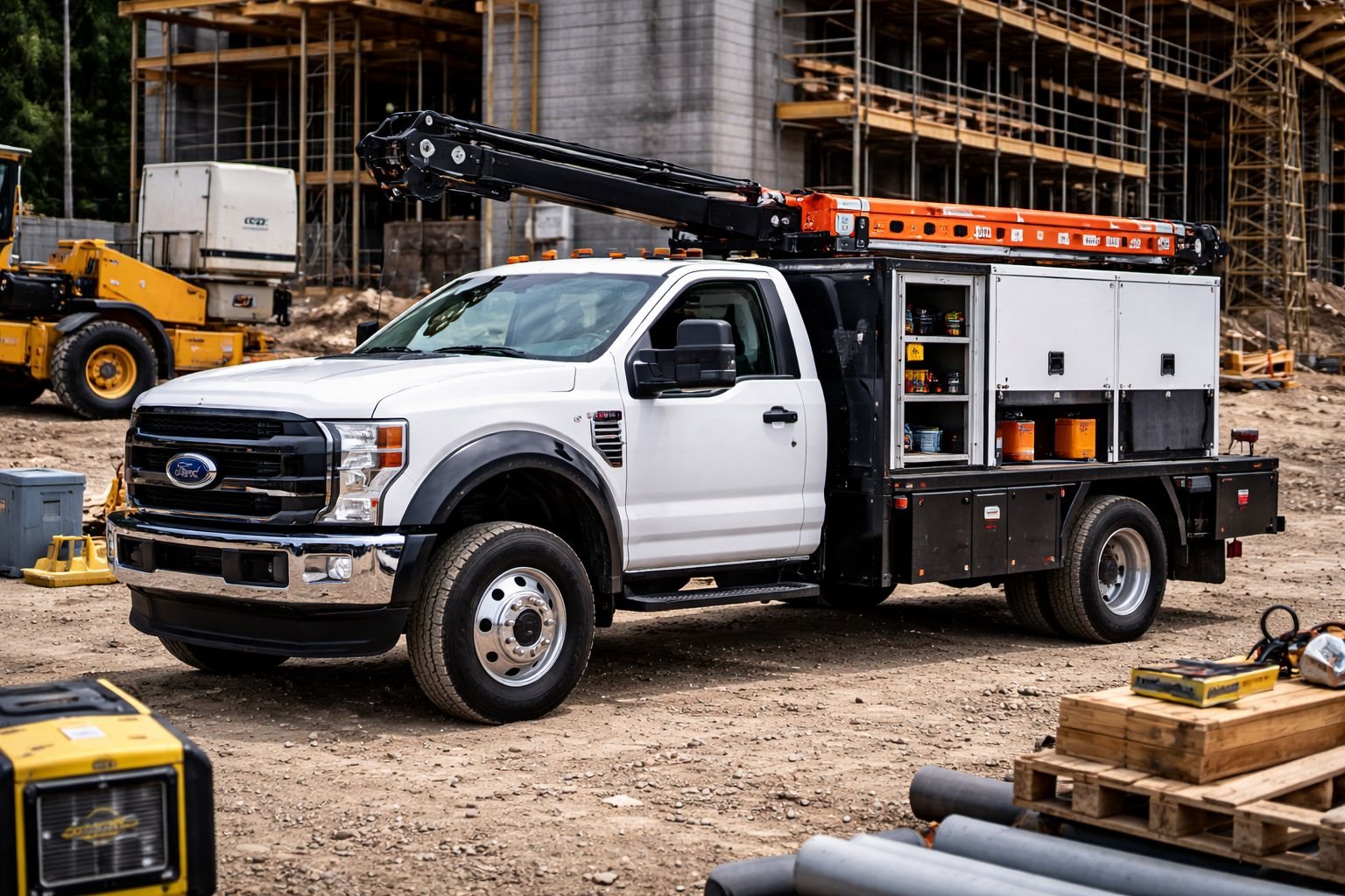 Upfitted commercial chassis truck with service body for fleet operations