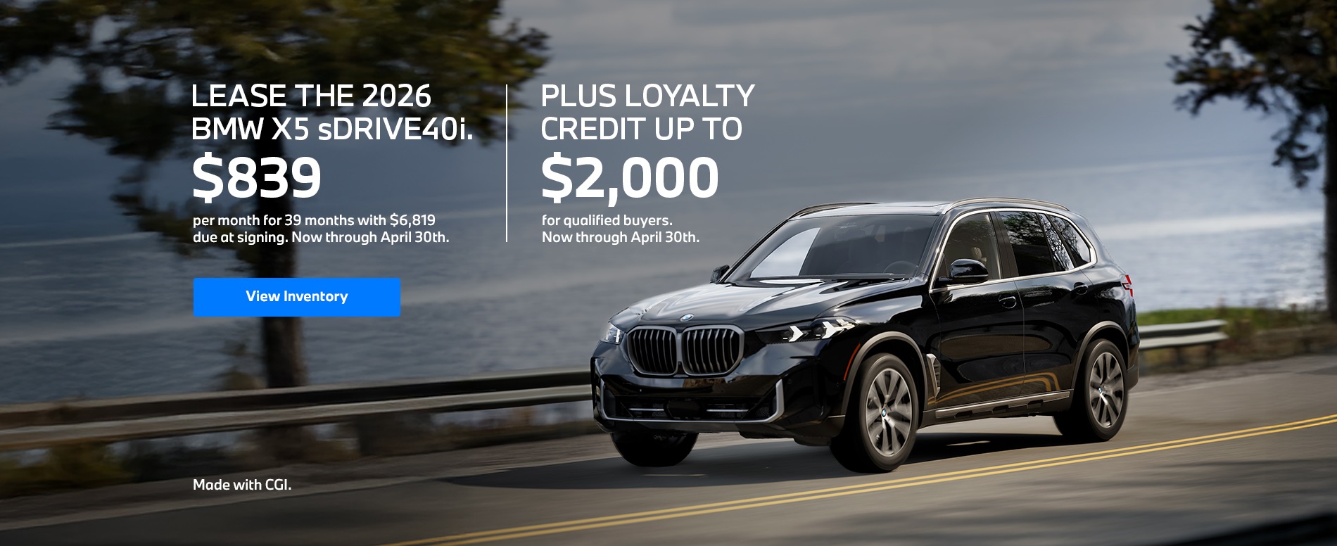 2026 X5 lease starting at \$839 per month for 39 months