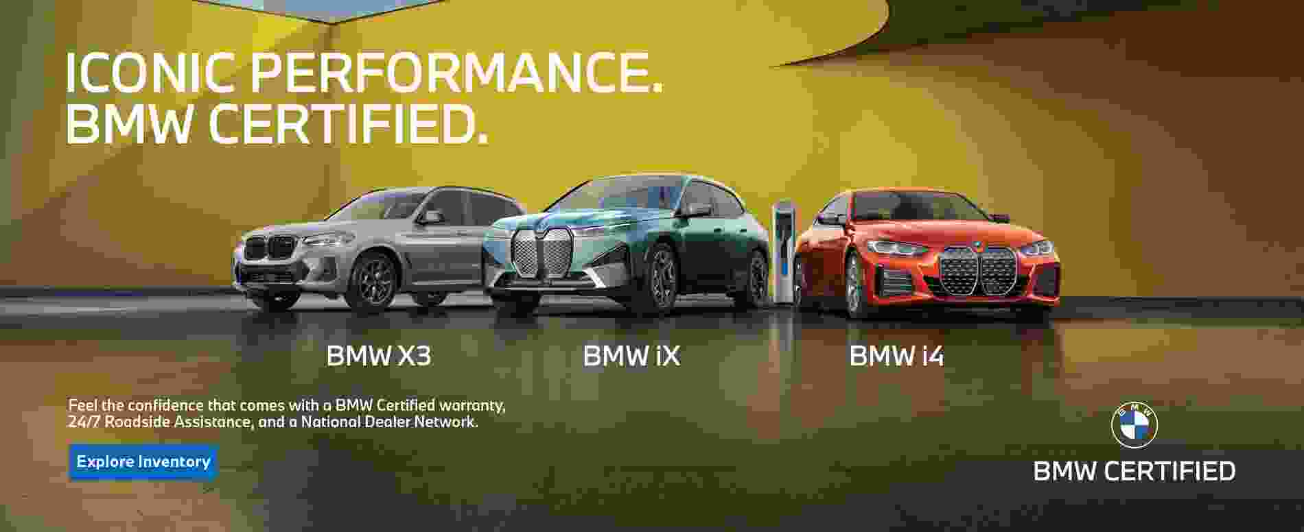 BMW Certified X3, iX, and i4 parked next to a colorful building wall.