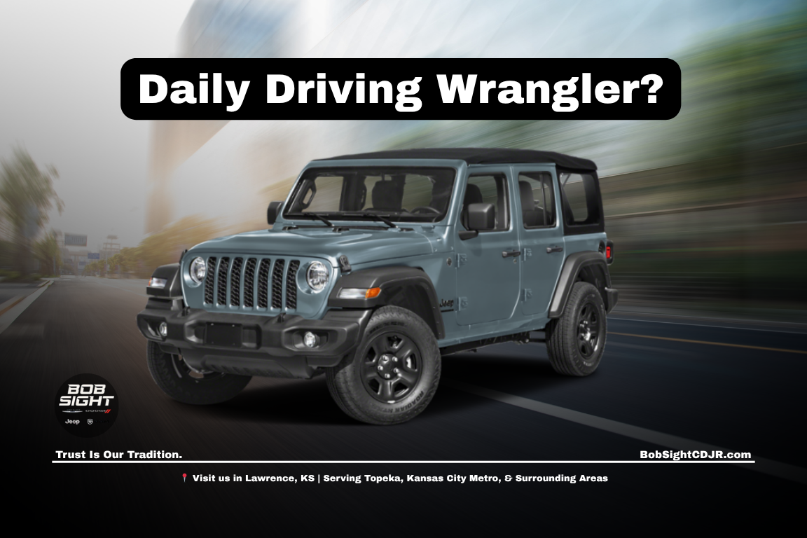 Jeep Wrangler driving in Lawrence Kansas near downtown and Iowa Street for daily commuting at Bob Sight CDJR