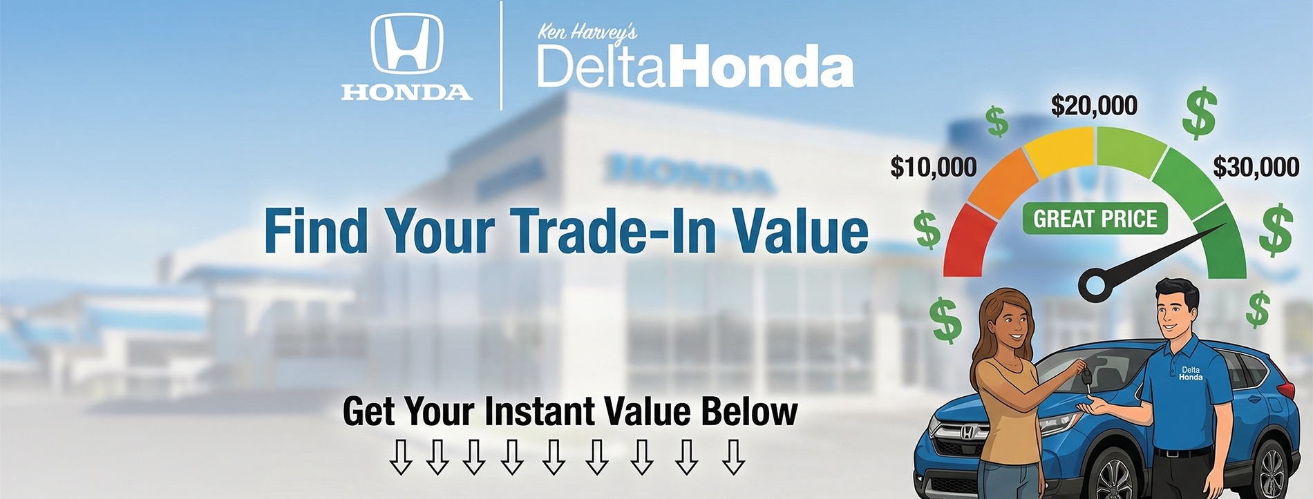 Delta Honda trade-in value page hero image showing customer handing keys to dealership associate with vehicle appraisal gauge and Honda showroom background