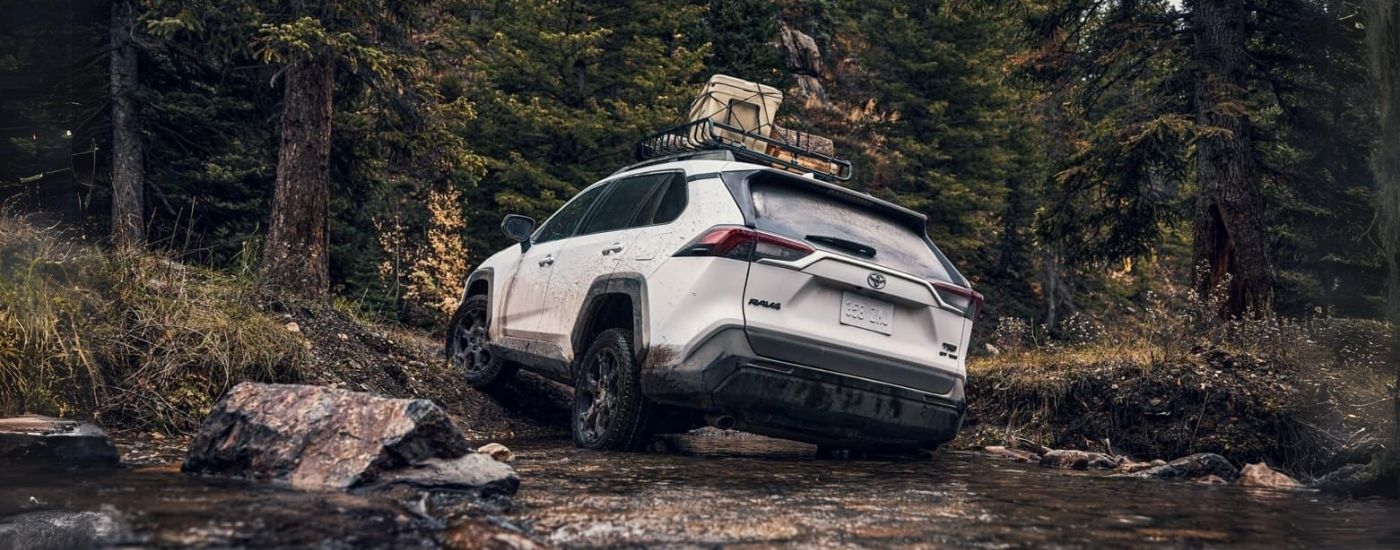 Rear of a white 2026 Toyota RAV4 driving off-road up a hill.