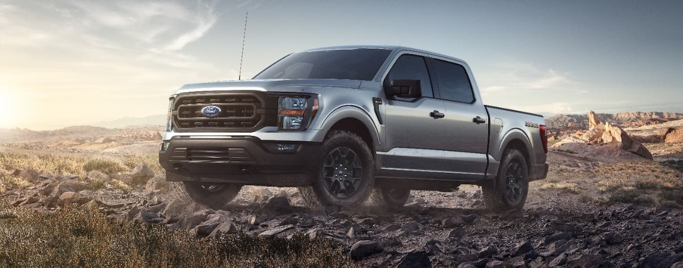 Grey 2023 Ford F-150 parked off-road.