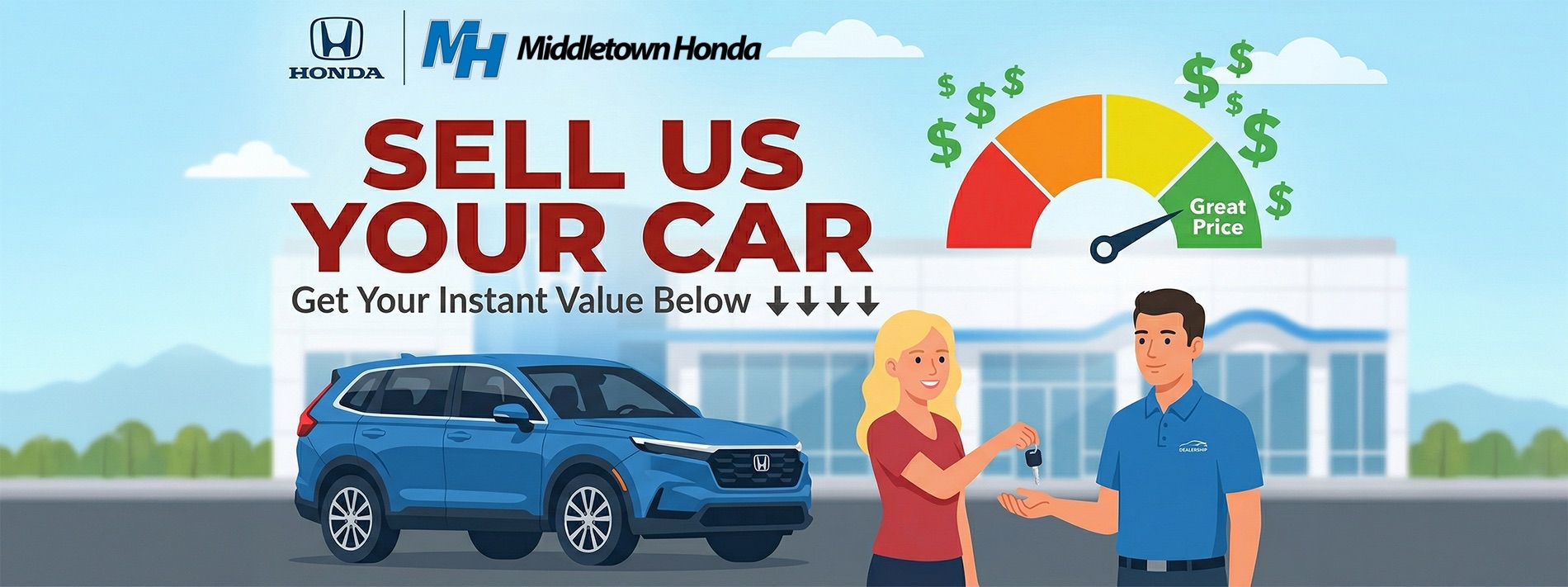 sell us your car banner at Middletown Honda with instant value tool, vehicle appraisal gauge, and customer handing keys to dealership representative