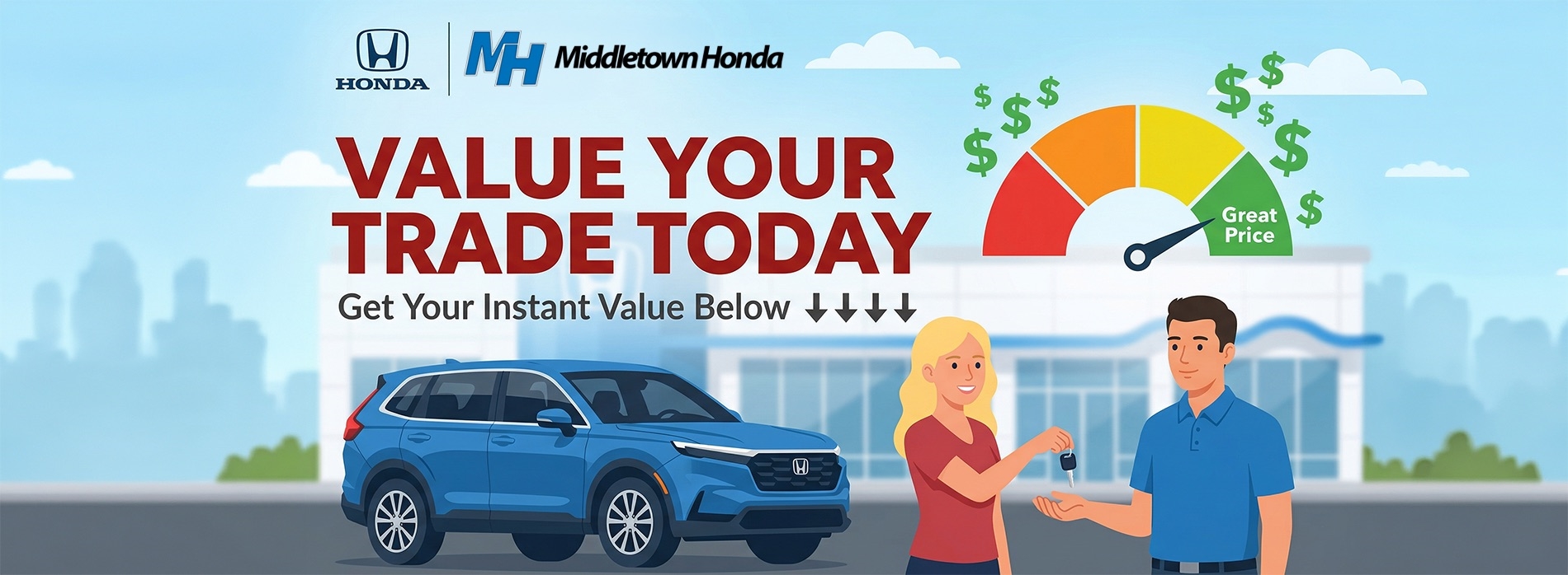 Middletown Honda “Value Your Trade Today” graphic showing a blue Honda SUV, a trade-in price gauge with “Great Price,” and a customer handing over keys at a dealership with instant appraisal messaging.