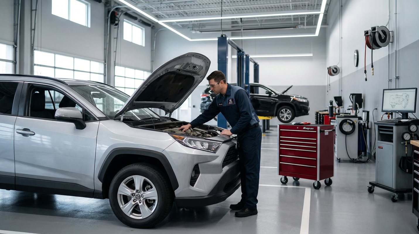 Toyota RAV4 in a service bay in Toyota of Downtown Chicago for maintenance