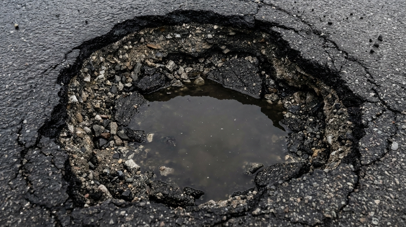 Pothole-damaged Illinois road from freeze-thaw cycle in Lake County