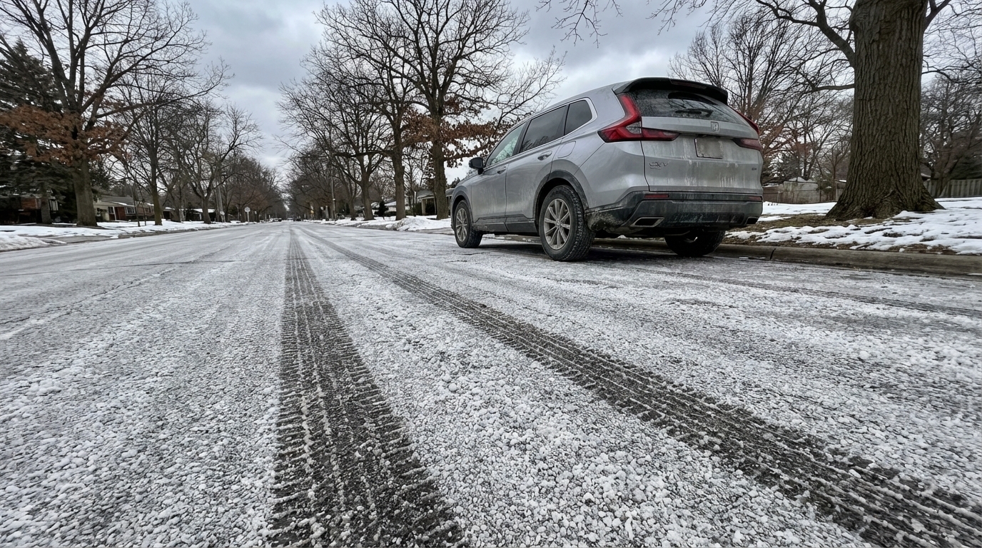 Road salt on Route 45 Milwaukee Ave in Libertyville Illinois winter