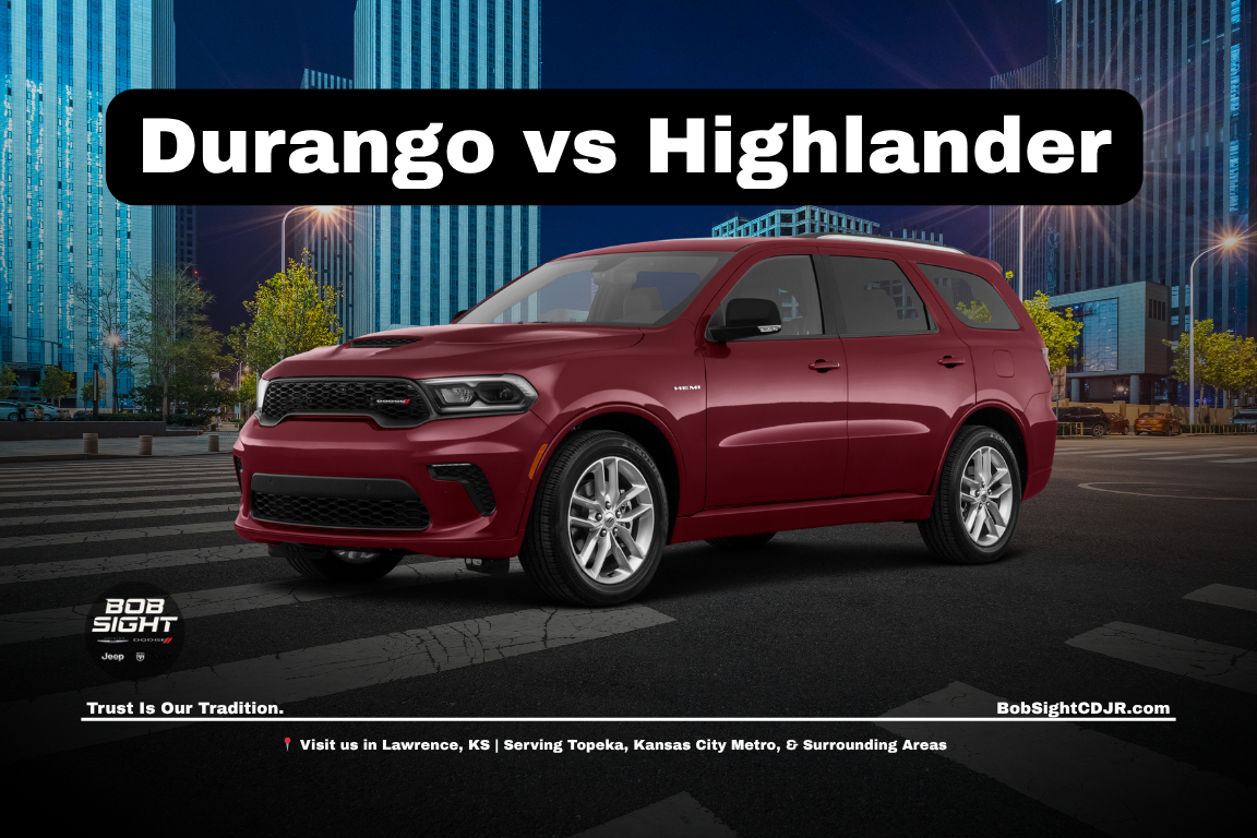Dodge Durango vs Toyota Highlander comparison in Lawrence Kansas at Bob Sight CDJR showing three row SUV options for Kansas City Metro drivers