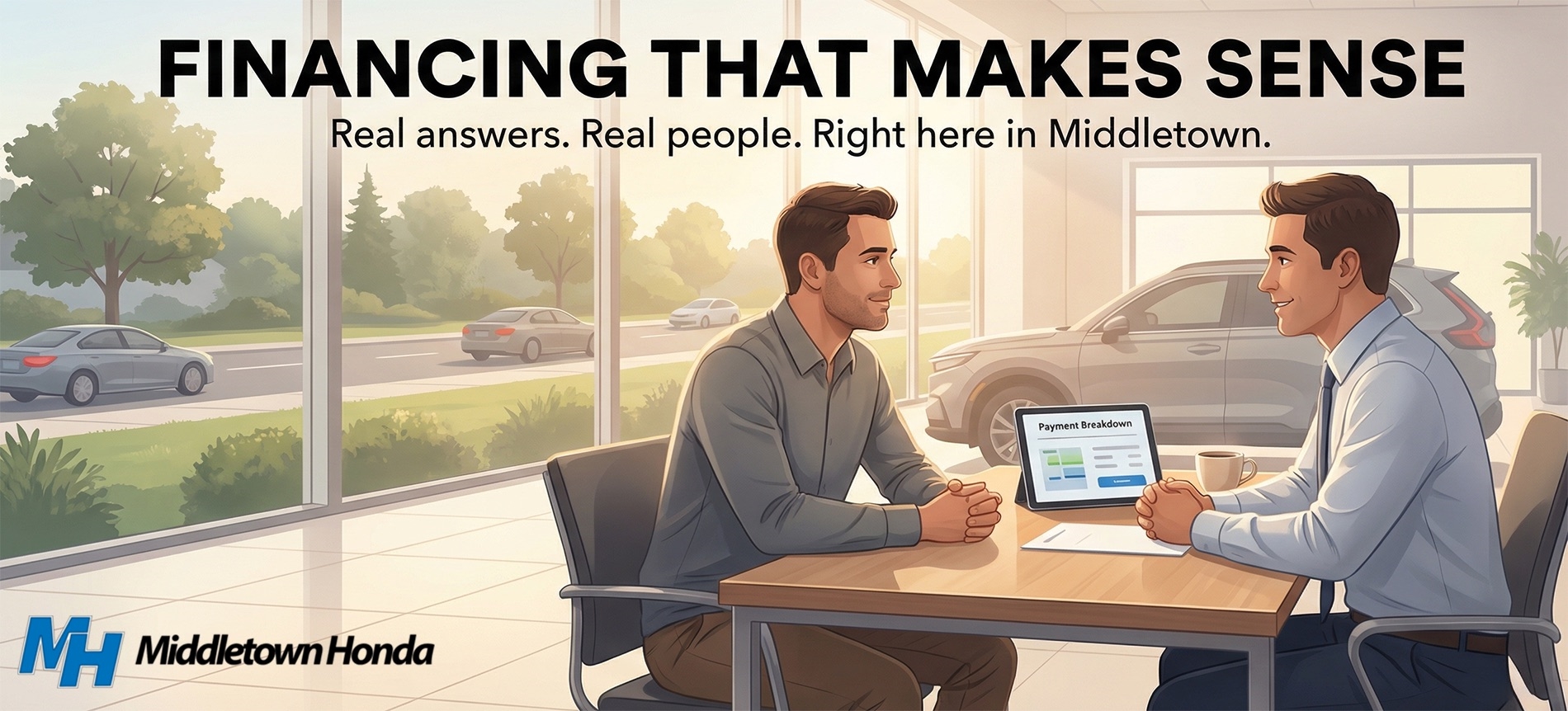 Customer discussing auto loan and monthly payments with finance specialist at Middletown Honda in New York