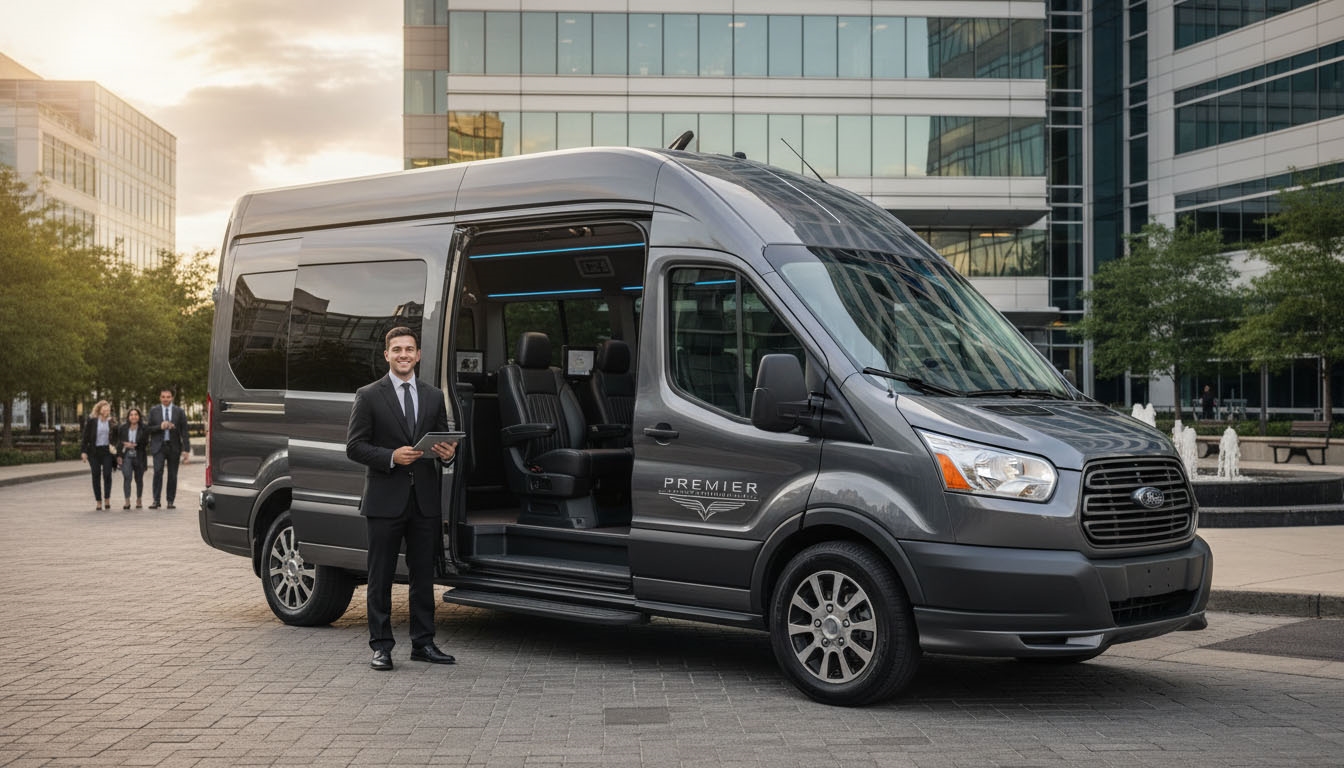 A modern Ford Transit passenger van,in a business sense