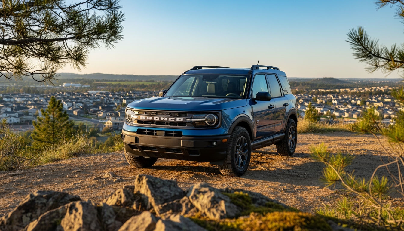 A vibrant, dynamic shot of the 2026 Ford Bronco Sport, a striking metallic blue compact SUV, parked confidently on a scenic dirt overlook. The vehicle is angled to showcase its bold grille and rugged design, with soft golden hour light catching its muscular lines and emphasizing its modern features.