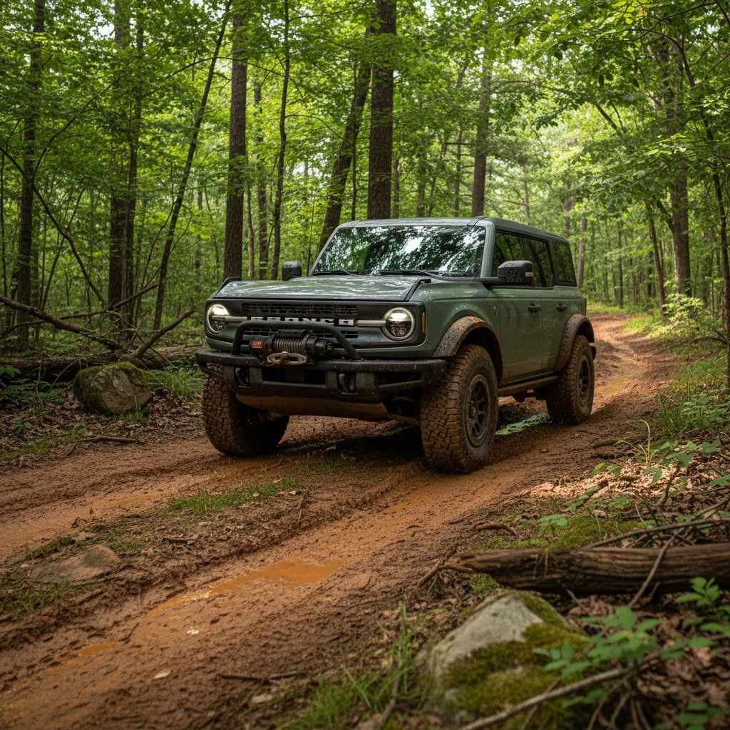 A rugged 2026 Ford Bronco, Stroppe trim, in a striking Cactus Gray color, powerfully traversing a winding, muddy trail deep within a dense, verdant forest, characteristic of the Piedmont Triad region near Kernersville, North Carolina. The vehicle's heavy-duty front-end hardware is prominent, with mu