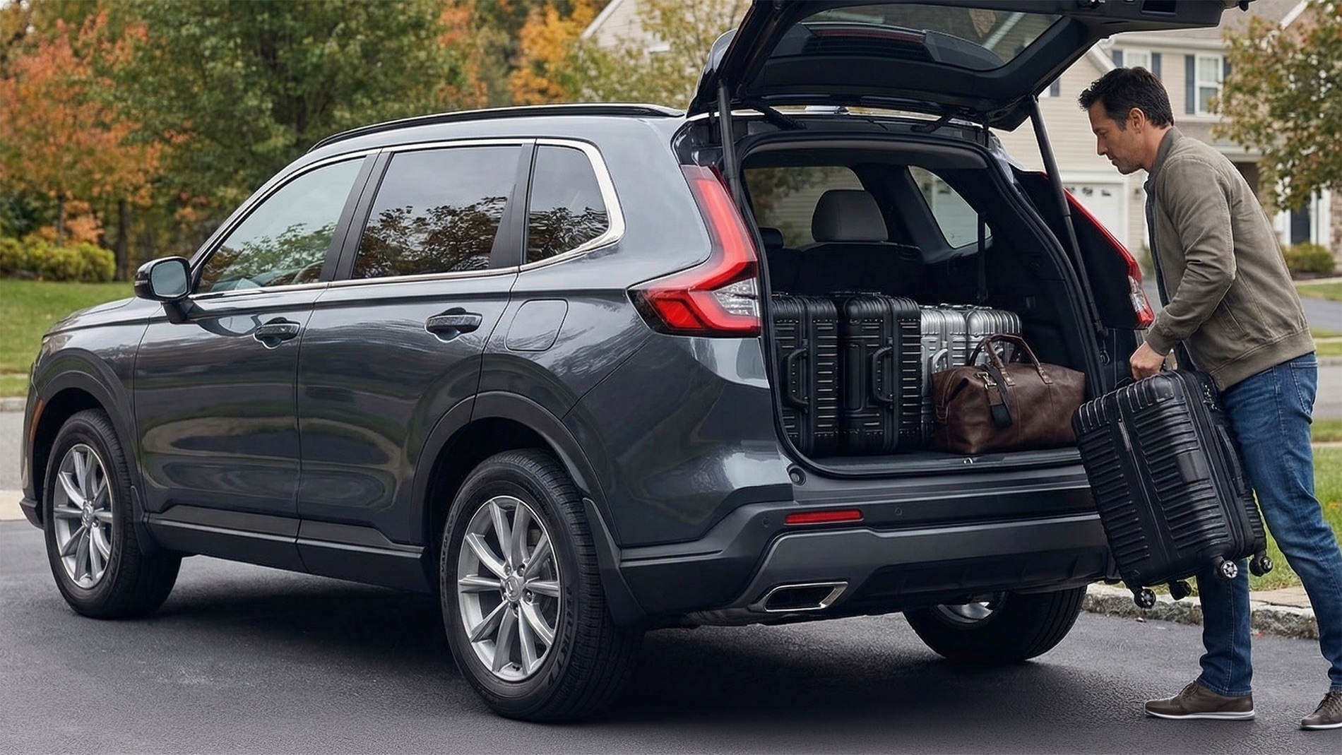 2026 Honda CR-V cargo space with rear hatch open and luggage being unloaded in a Middletown area neighborhood