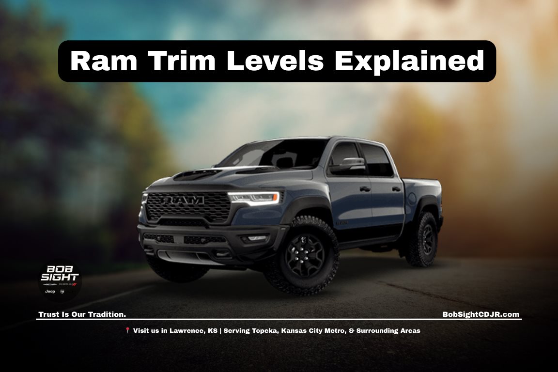 Ram trucks in Lawrence KS at Bob Sight CDJR with drivers comparing Ram 1500 trim levels for capability, comfort, and daily driving needs