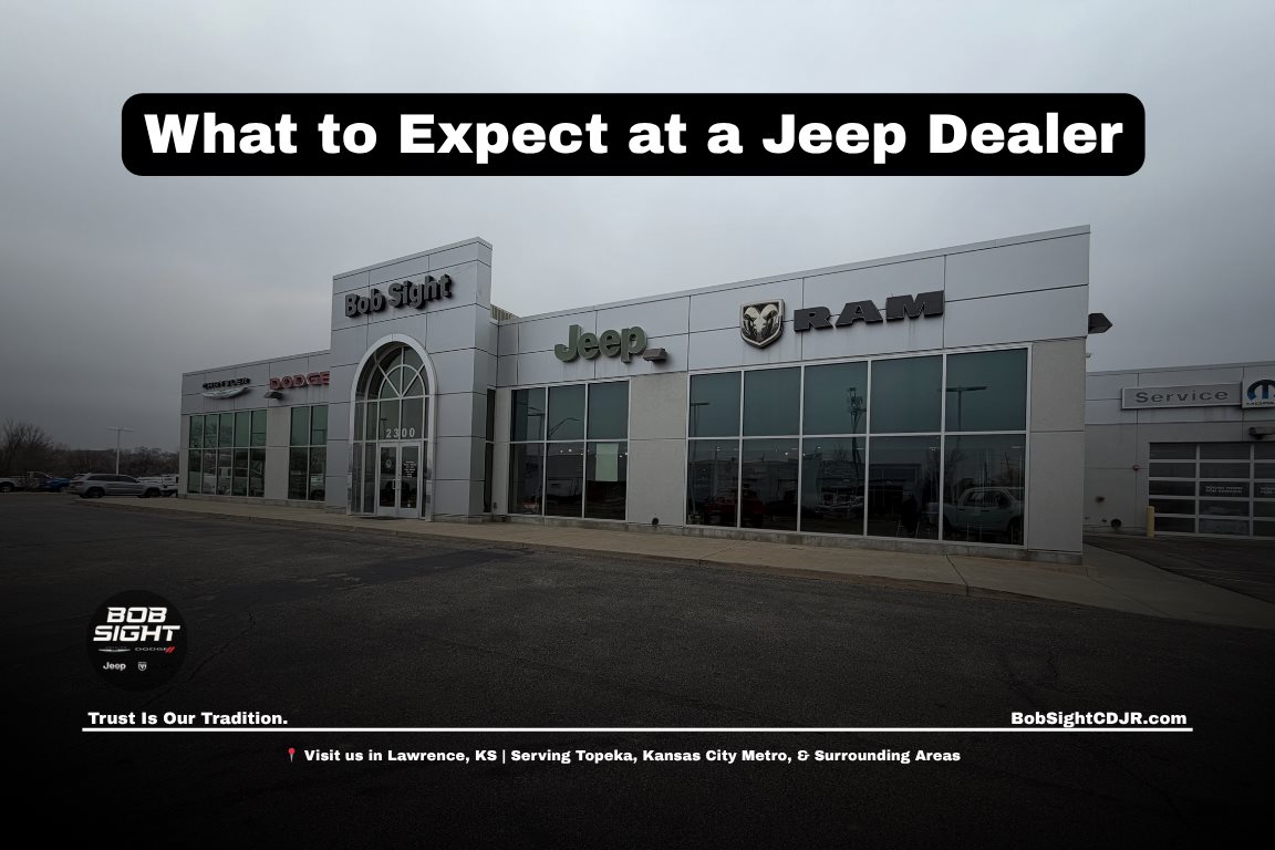 Jeep dealership in Lawrence KS at Bob Sight CDJR with local drivers exploring Jeep inventory, showroom selection, and dealership support before visiting
