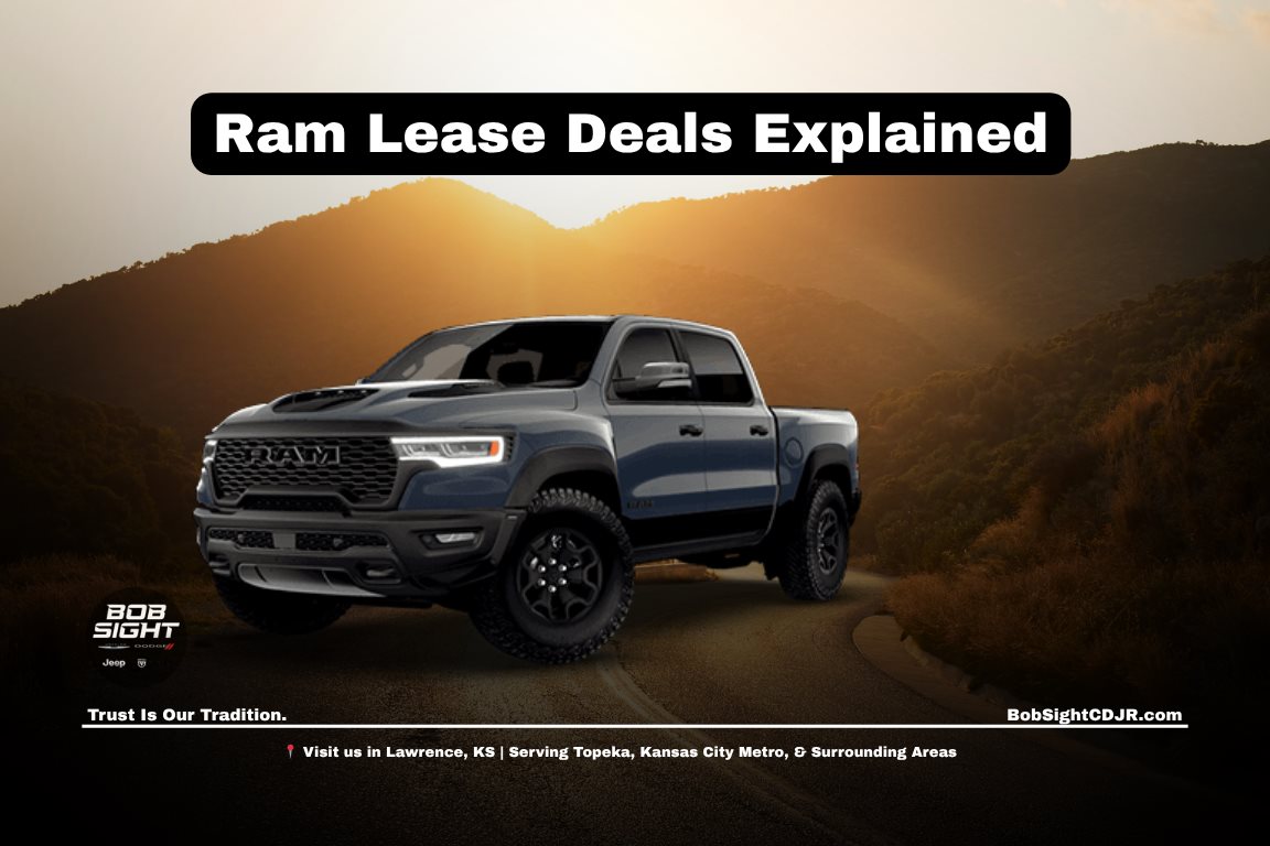 Ram lease deals near me in Kansas at Bob Sight CDJR with drivers exploring Ram 1500 lease options and truck specials in Lawrence KS