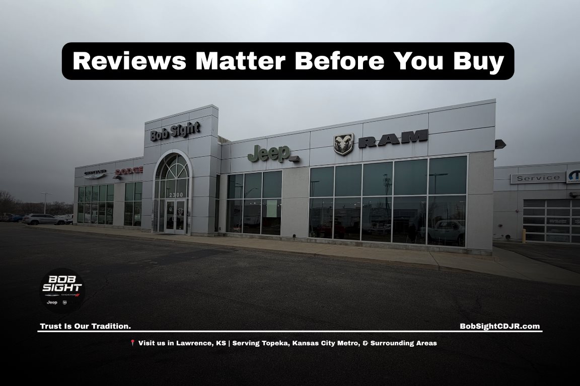 Car dealerships near me in Lawrence KS at Bob Sight CDJR with shoppers reviewing customer feedback and comparing dealership experiences