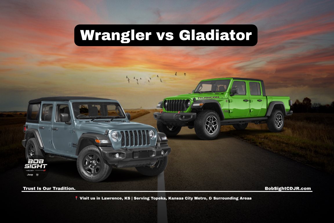 Jeep Wrangler vs Gladiator in Lawrence KS at Bob Sight CDJR comparing capability, cargo space, and performance in Kansas weather conditions
