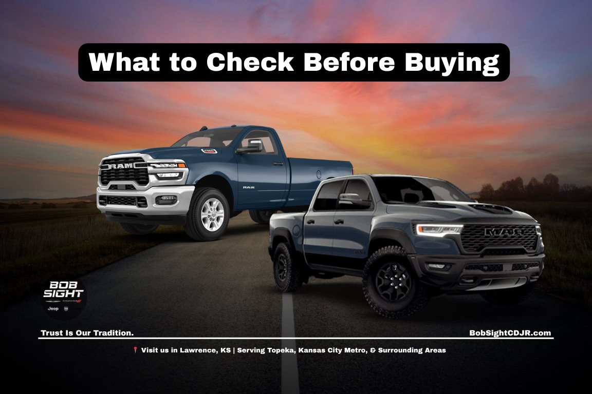 Used trucks for sale in Lawrence KS at Bob Sight CDJR with shoppers comparing truck condition, utility, and daily driving features before buying