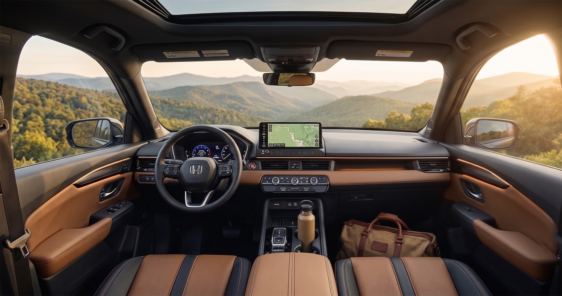 2026 Honda Passport interior with brown leather seats and panoramic sunroof overlooking the Catskill Mountains in New York at sunset, featuring a modern dashboard with touchscreen display, digital instrument cluster, and a spacious, refined two-row cabin layout