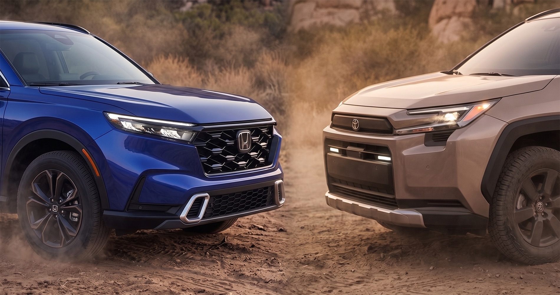 2026 Honda CR-V and Toyota RAV4 facing each other on a dusty off-road trail, front three-quarter view with warm natural lighting and rugged terrain in the background