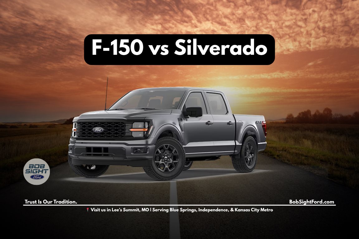 Ford F-150 vs Chevy Silverado comparison in Missouri showing trucks for Kansas City Metro driving and towing conditions