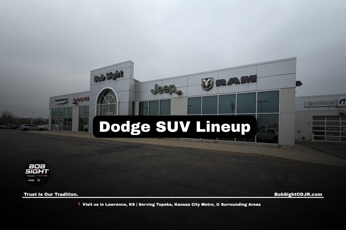 Dodge SUV lineup at a dealership in Lawrence Kansas featuring Dodge Durango models for families and daily driving