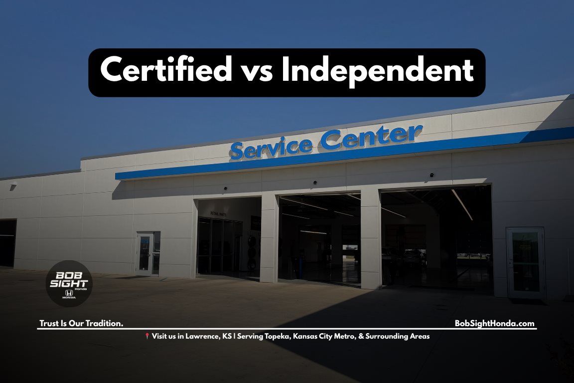 Honda service in Lawrence Kansas showing certified technician working on vehicle compared to independent shop maintenance options