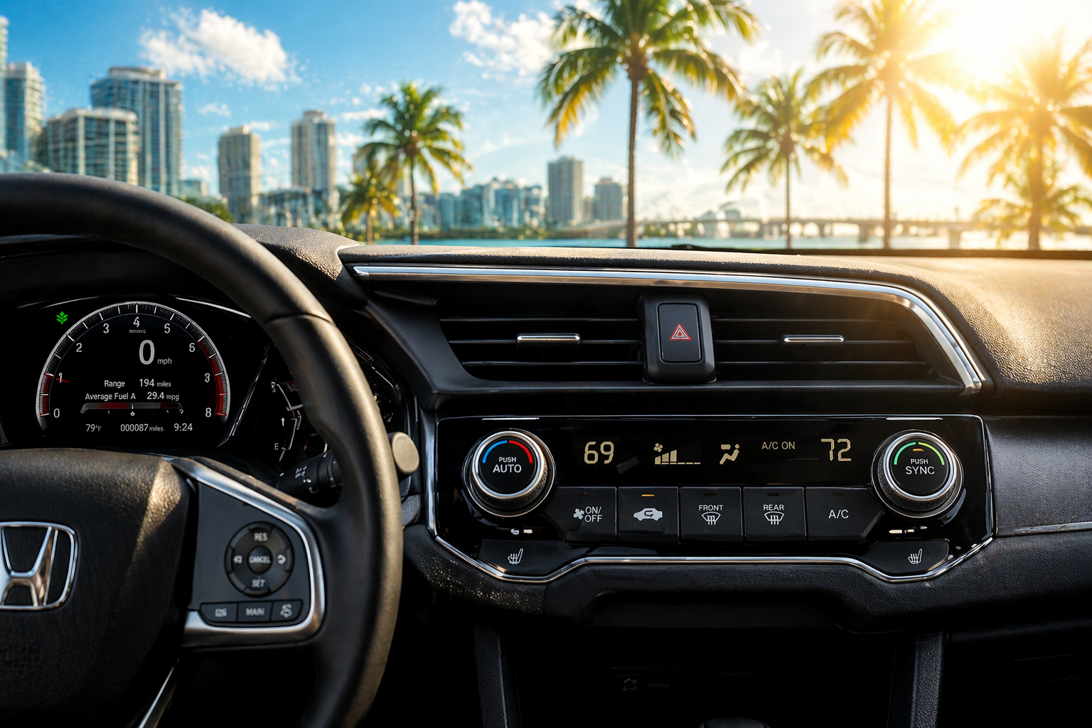 Honda dashboard AC controls in a Miami vehicle - diagnosing why the air conditioning is not cooling.