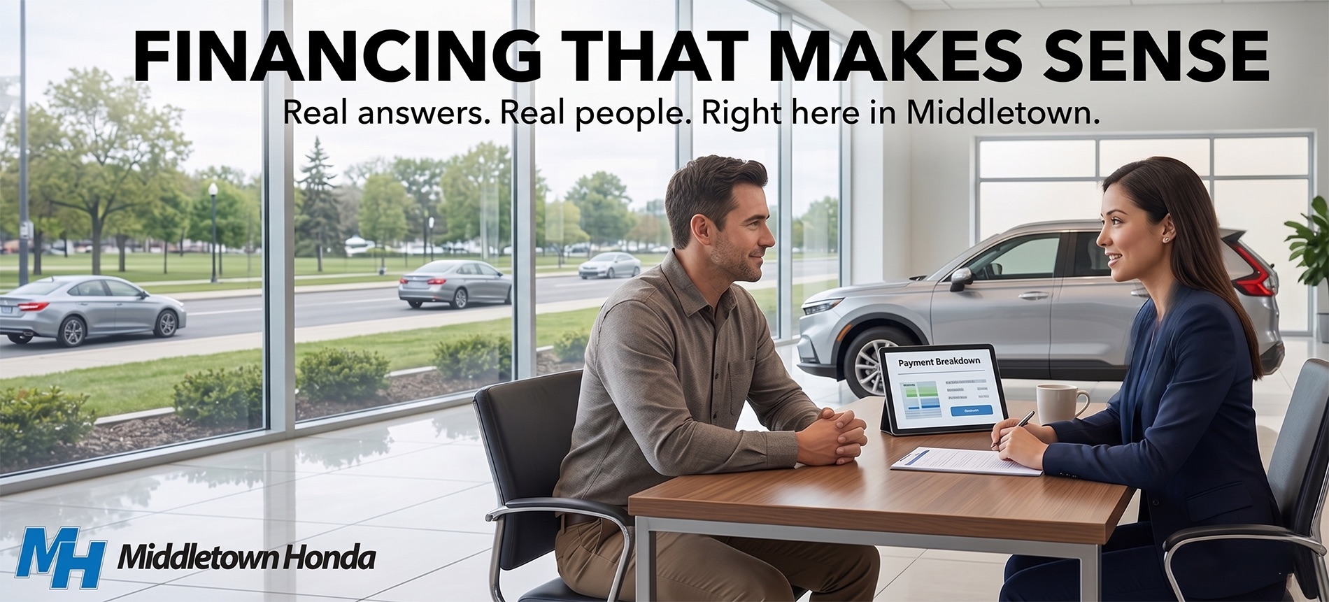 Wide-format dealership interior banner showing a customer seated across from a finance representative inside Middletown Honda. Large glass windows reveal a tree-lined roadway with passing cars outside. A silver Honda SUV is positioned behind them inside the showroom. The representative presents a tablet displaying a payment breakdown while both individuals engage in a focused, friendly conversation at a wooden desk with paperwork and a coffee mug. Bold headline text at the top reads FINANCING THAT MAKES SENSE, with a smaller subtitle beneath: Real answers. Real people. Right here in Middletown. The Middletown Honda logo appears in the lower left corner.