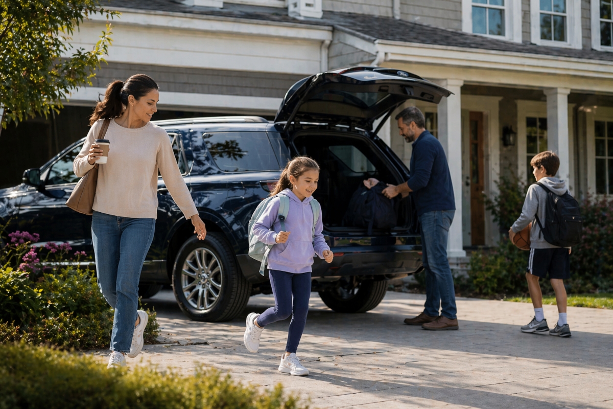 Family preparing in driveway with vehicle showing everyday use of pickup and delivery service