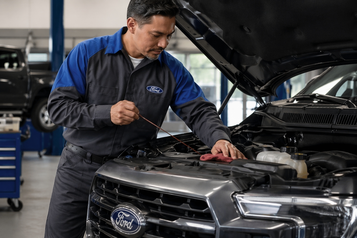 Ford technician performing vehicle maintenance in dealership service bay
