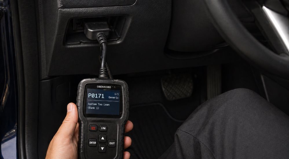 OBD-II scanner connected to a Mazda's diagnostic port reading trouble codes