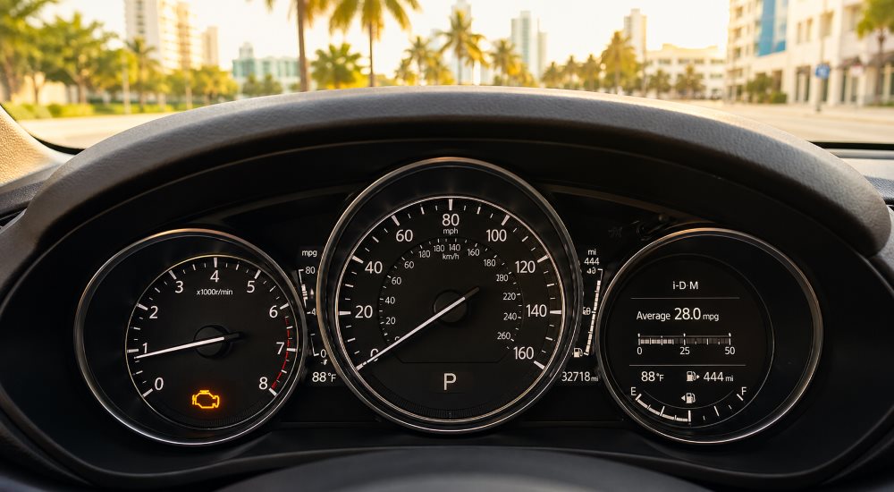 Mazda CX-5 instrument cluster showing the amber check engine light illuminated