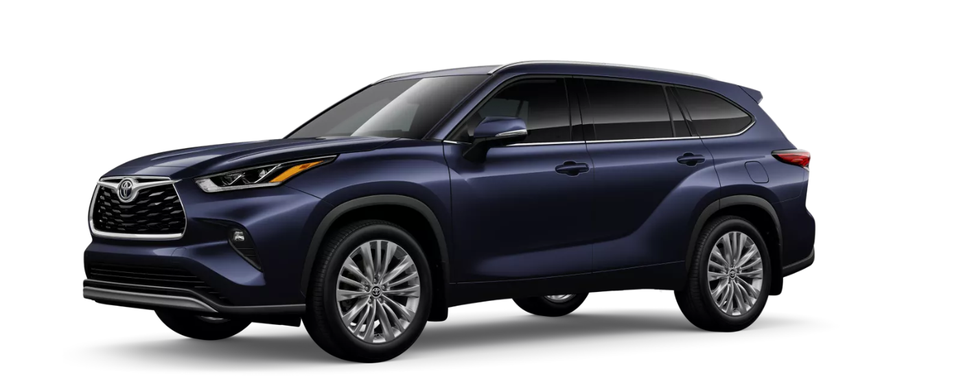 Blue 2026 Toyota Highlander Platinum angled left
