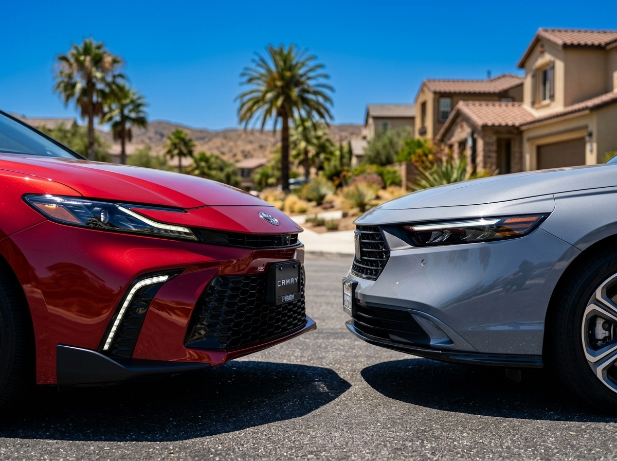 A side-by-side comparison view of the 2026 Toyota Camry and the Honda Accord parked in a modern urban setting.