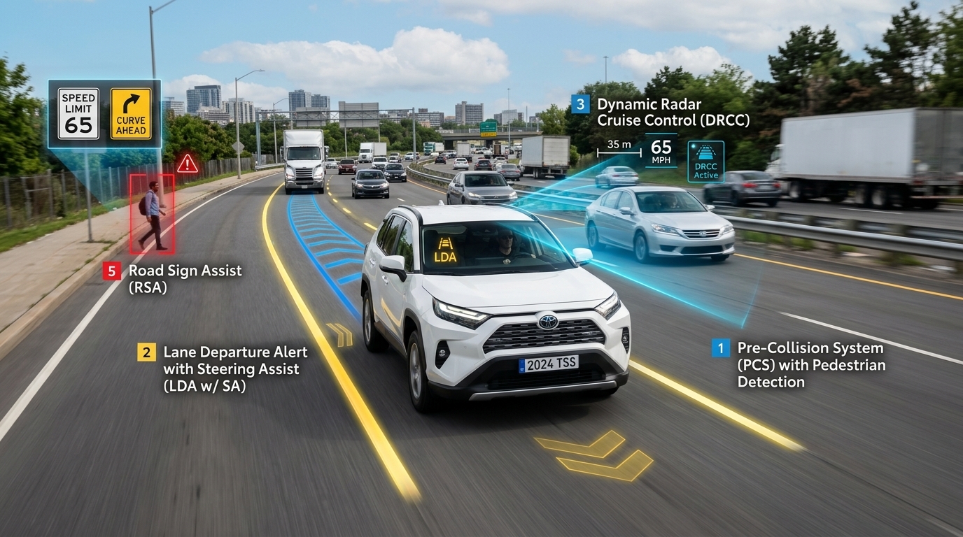 Visualization of Toyota Safety Sense sensors detecting a vehicle ahead and maintaining a safe following distance.