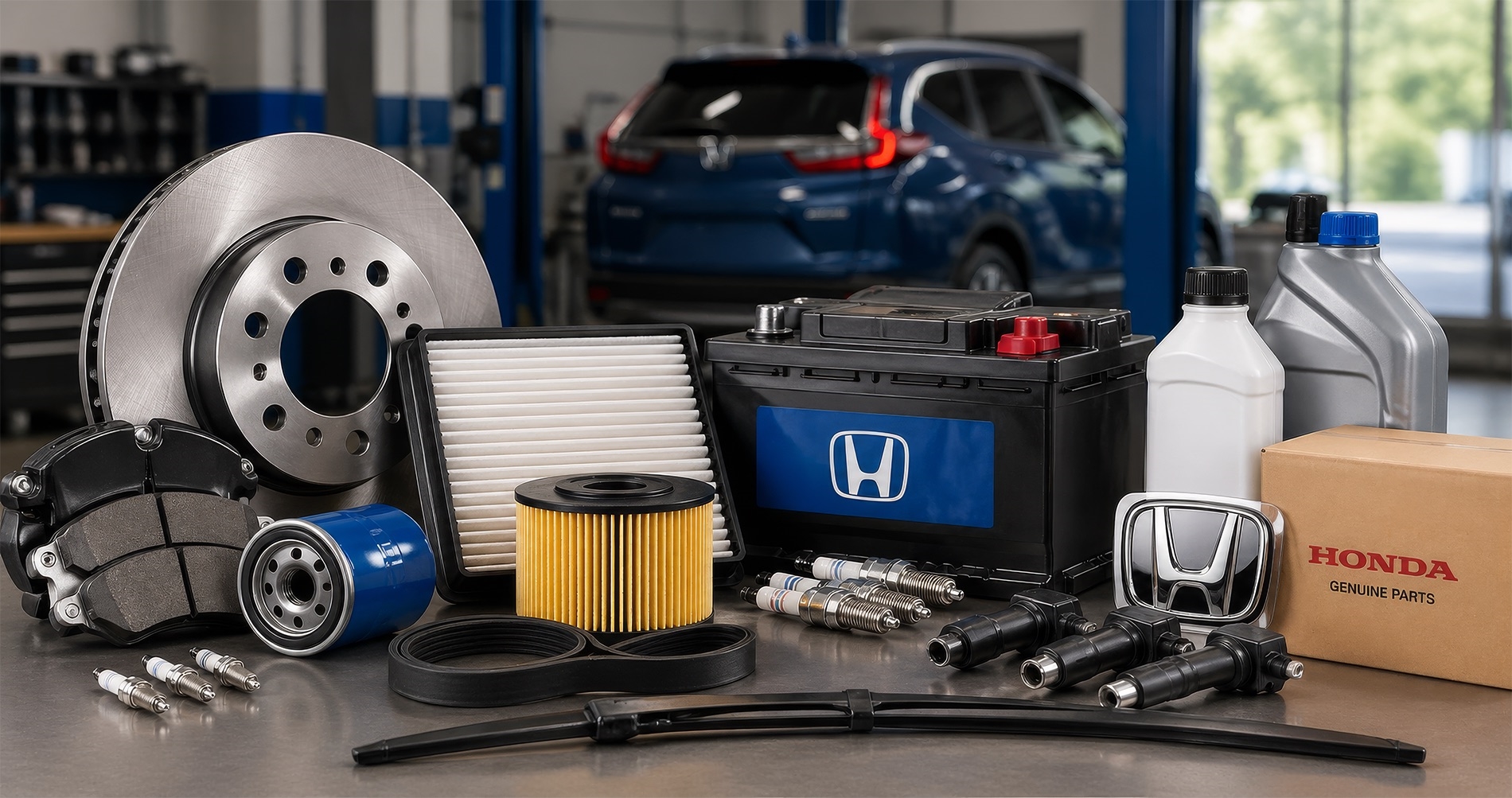 Honda OEM parts display featuring brake rotors, brake pads, filters, battery, spark plugs, belts, fluids, and genuine Honda parts packaging arranged in a professional service bay with a blue Honda SUV in the background.