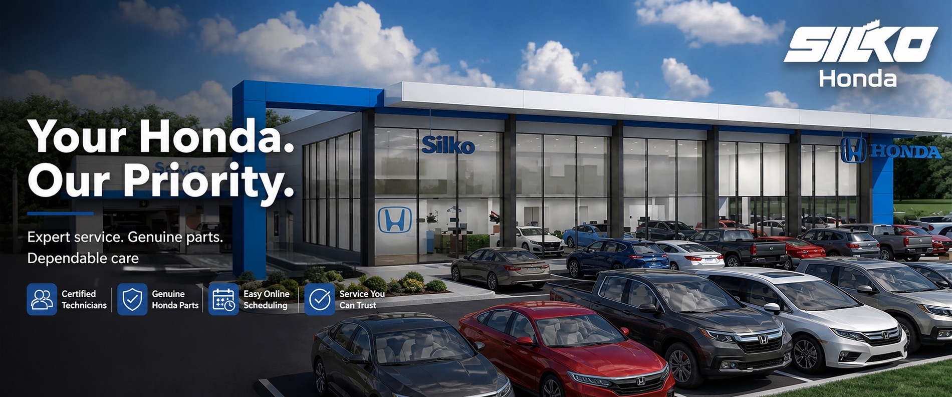 Silko Honda service center hero banner featuring the Raynham dealership exterior under a bright blue sky, with bold “Your Honda. Our Priority.” messaging, certified Honda service highlights, genuine parts, online scheduling icons, and Silko Honda branding in the top right.