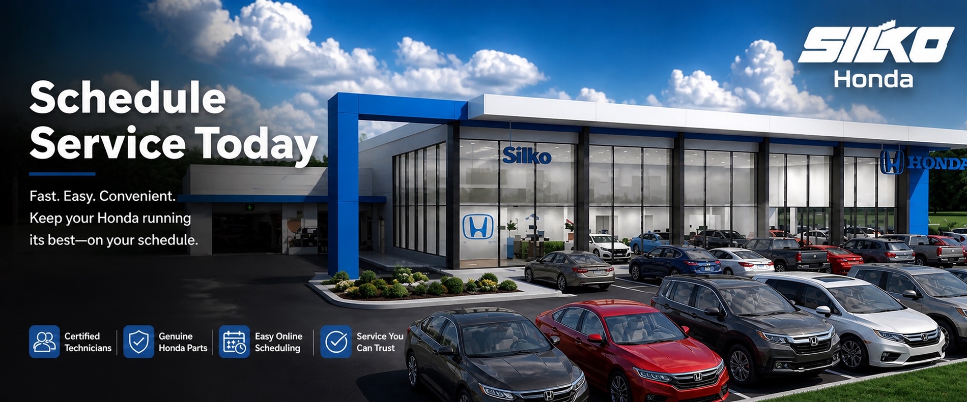 Silko Honda schedule service hero banner featuring the Raynham Honda dealership exterior under a bright blue sky, with bold “Schedule Service Today” messaging, online scheduling callout, certified Honda technician and genuine parts highlights, and Silko Honda branding in the top right.