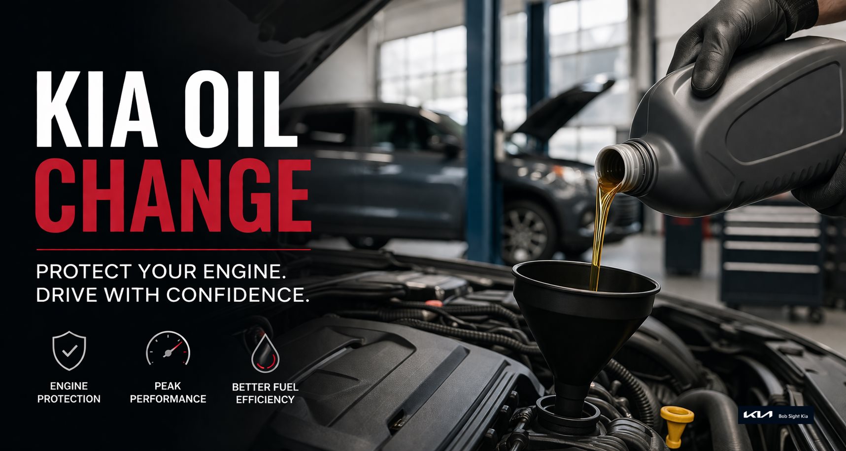 Kia oil change service with technician pouring fresh engine oil in Independence Missouri service center