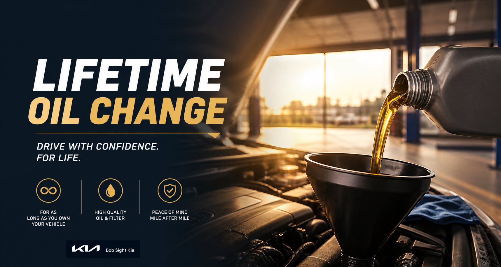 Lifetime oil change landing page header image showing motor oil being poured in a dealership service bay