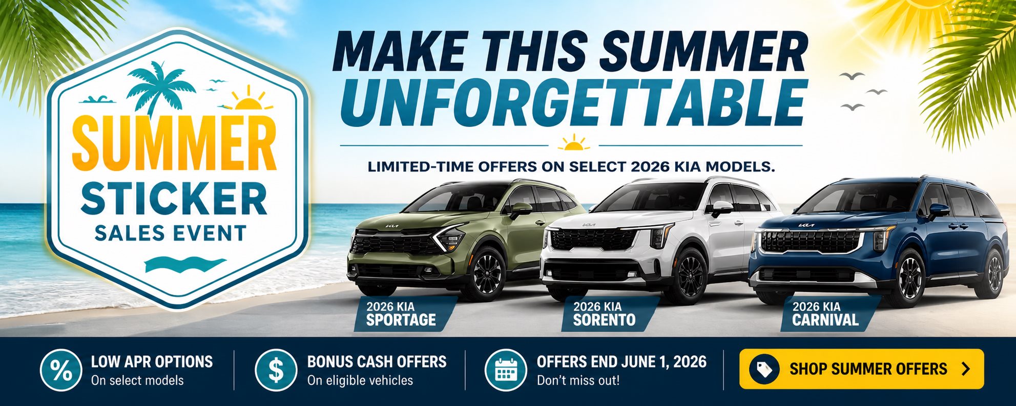 Summer Sticker Sales Event header image featuring 2026 Kia Sportage, Sorento, and Carnival offers in Independence Missouri