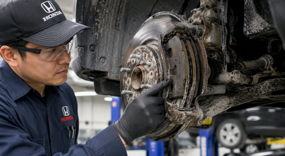Honda Libertyville technician inspecting brake components during B1 service