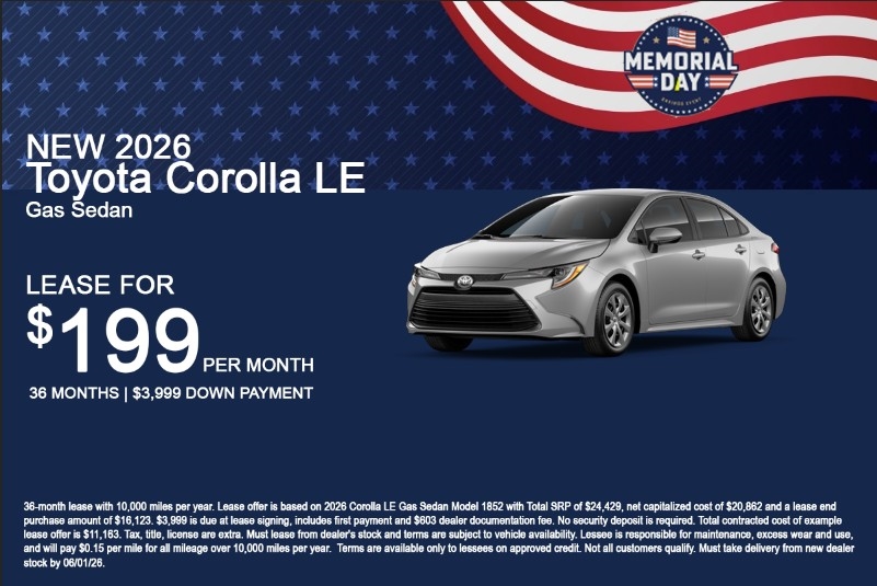 Toyota Corolla Lease offers for Memorial Day Sale