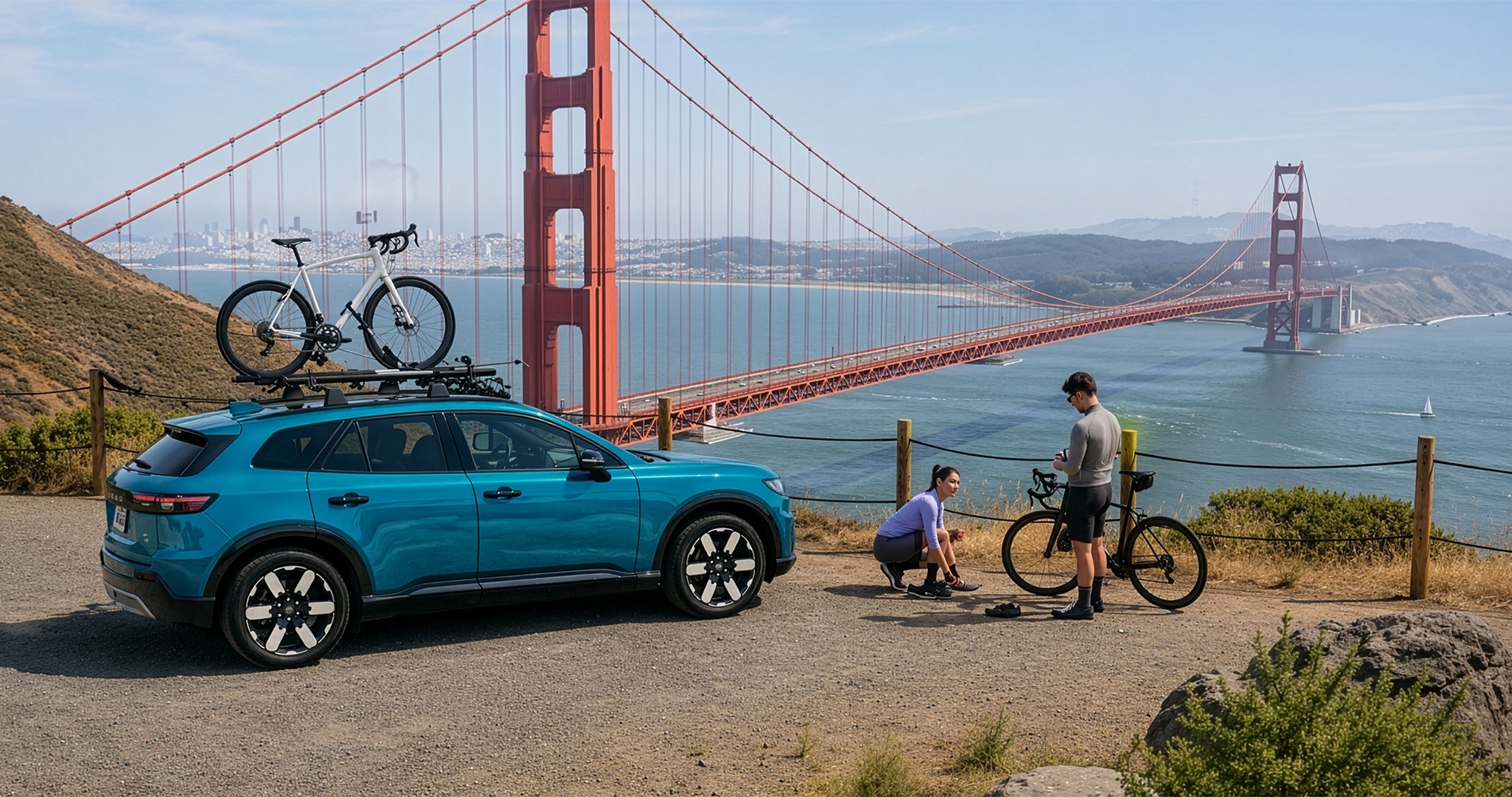 Blue 2026 Honda Prologue EV near the Golden Gate Bridge with San Francisco Bay scenery.